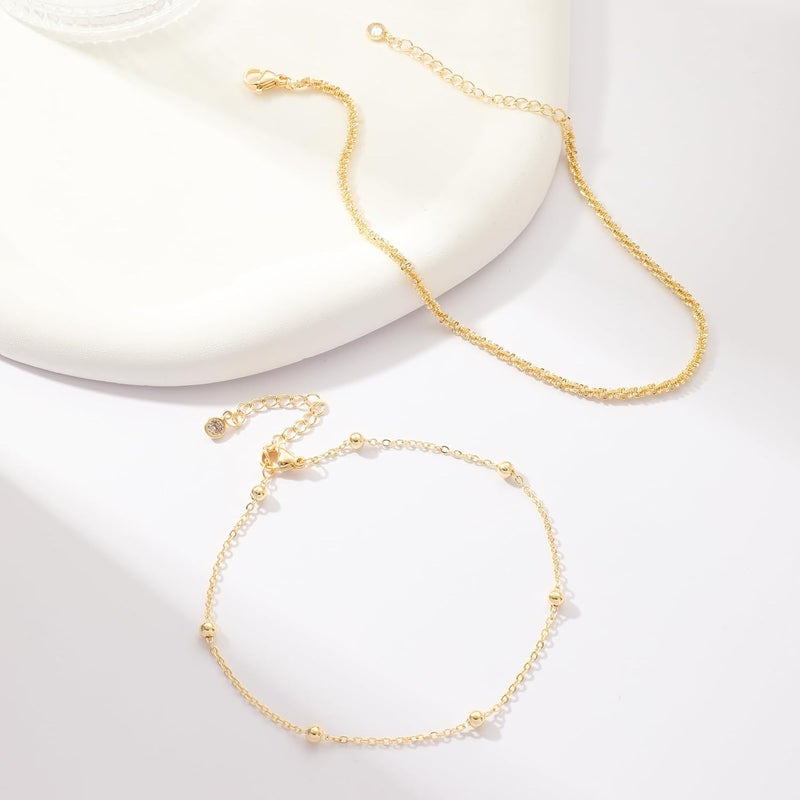 MIDEEO Gold/Silver Ankle Bracelets for Women,14K Gold Anklets for Women Waterproof Cuban Link Heart Beads Herringbone Rhinestone Anklets Set Layered Anklet Bracelets for Women Gold Jewelry Gift - Image 5